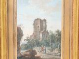 an oil painting of a castle in a wooded setting