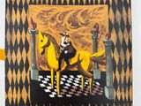 un tableau représentant un homme à cheval sur un sol à carreaux