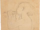 un vieux dessin représentant une jeune fille en train de boire à la bouteille