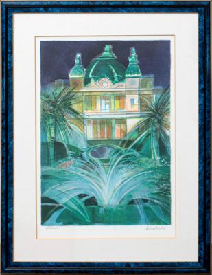 une image représentant un tableau d'un bâtiment avec une fontaine devant