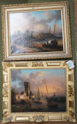 two framed paintings of boats in a harbor with a castle in the background