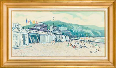 une peinture représentant une scène de plage avec des gens sur le sable