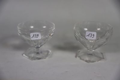 pair of clear glass goblets on a white surface with a price tag