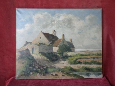 une image représentant un tableau d'une maison située sur une colline au bord de l'eau