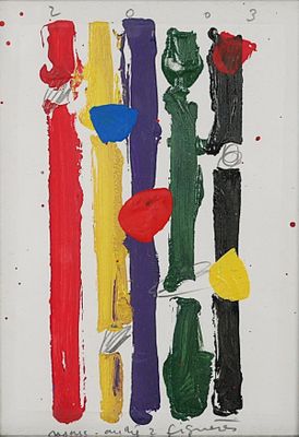 abstract painting of multicolored lines on white background with red, yellow, blue, green, and red paint