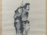 an image of a painting of a man riding a bike in the snow