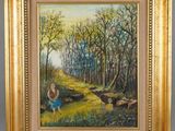 a painting of a woman sitting on a log in the woods