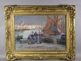 an image of a painting of a man and a woman on a dock