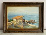 an oil painting of a house on a rocky shore with a sailboat in the background