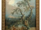 a painting of a couple sitting under a tree by a lake