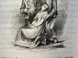 an old book with a drawing of a man holding a woman ' s head