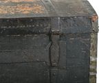 an old black trunk with a metal latch on it