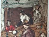 un tableau représentant un homme assis à une table avec d'autres personnes