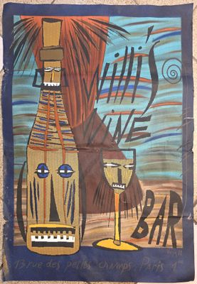 un tableau représentant une bouteille et un verre accroché au mur