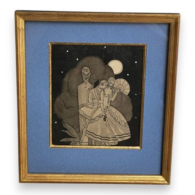 painting of a man and a woman dancing under a full moon