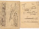 an old book with a drawing of a tree and a drawing of a bird