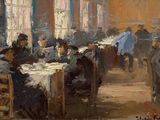 une peinture représentant un groupe de personnes assises à une table
