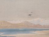 a watercolor painting of a mountain range with a lake in the foreground