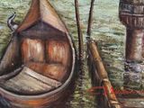 a painting of a boat tied up to a dock