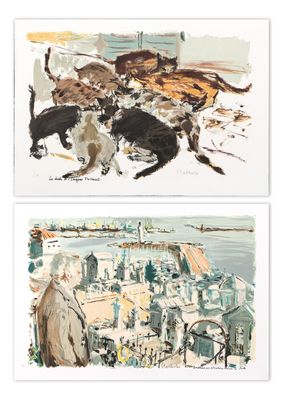 deux tableaux représentant des chats qui courent dans une rue de la ville et un homme qui marche dans cette rue