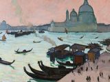 painting of boats in the water near a beach with a church in the background