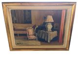 tableau représentant un salon avec une lampe et une chaise