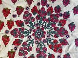 an image of a table cloth with strawberries and ladybugs on it