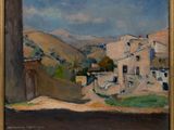 an image of a painting of a village with a mountain in the background