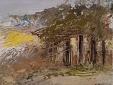 une peinture à l'huile représentant une cabane sur une plage avec un parasol jaune