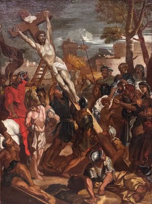 une image représentant Jésus sur la croix, en train d'être cloué sur la croix