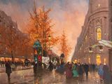 une peinture de personnes marchant dans la rue sous la pluie