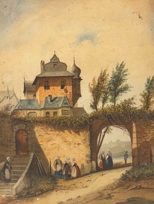 une vieille peinture représentant un château sur une colline, avec des personnes debout tout autour