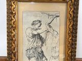 an old picture frame with a drawing of a woman in a dress