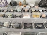 many different kinds of rocks in a display case