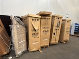 several cardboard boxes are stacked on top of each other in a warehouse