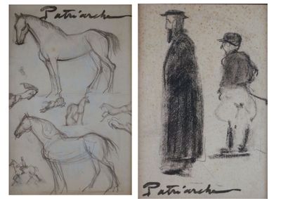 croquis représentant un homme et un cheval, réalisés par un homme portant un chapeau