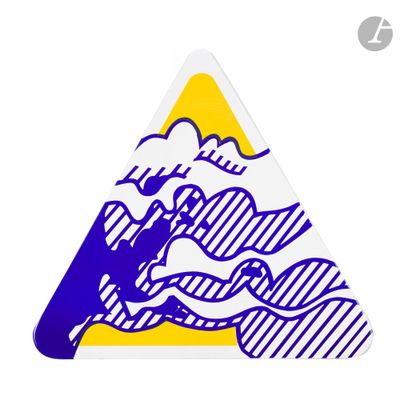 a triangle shaped sticker with a drawing of a man on a surfboard