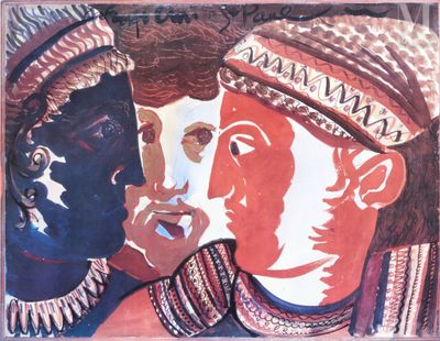 painting of a man and a woman with hats and scarves on their heads