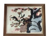 tableau représentant un arbre aux fleurs roses, dans un cadre en bois