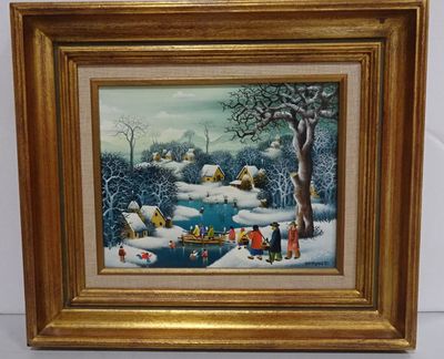 tableau représentant une scène hivernale avec des personnages et un chien dans un paysage enneigé