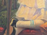 a painting of a woman sitting on a bench with a umbrella