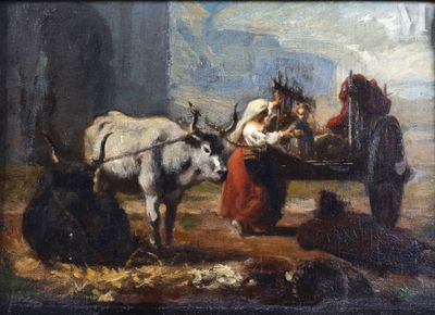 tableau représentant deux vaches tirant une charrette sur laquelle se trouvent un homme et une femme