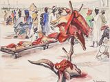 un tableau représentant un homme portant un chapeau et une cape rouge