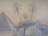 a painting of a man riding a horse in front of a pyramid