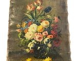 peinture représentant un vase de fleurs posé sur une table, sur fond blanc