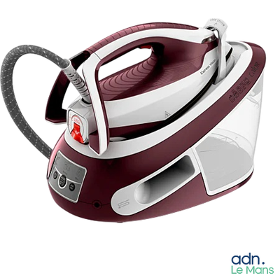 an image of a red and white steam iron on a white background