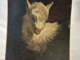 tableau représentant un chat blanc sur fond noir, posé sur un socle en bois