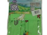 a close up of a bag of green cloth with a cartoon on it