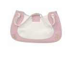 a pink and white purse that is on a white surface