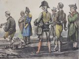 a drawing of a group of men standing in front of a building